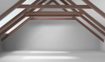 House attic interior, empty mansard room, spacious place on roof with beams ceiling, white floor, walls and wide window, modern architecture inner design, dwelling. Realistic 3d vector illustration
